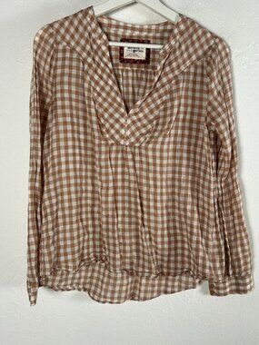 Anthropologie Holding Horses Devon Gingham Top Womens 2 Brown White Long Sleeve
